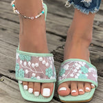 Retro Embroider Low Heel Slippers Women Summer Square Toe Slip On Slides Woman New Anti-Slip Beach Pu Leather Slippers Mujer