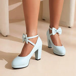 Spring and Autumn New Style Fashion Round Head High-heeled Women's Shoes Sweet Bow Shallow Mouth Buckle Thick Heel Women Shoes
