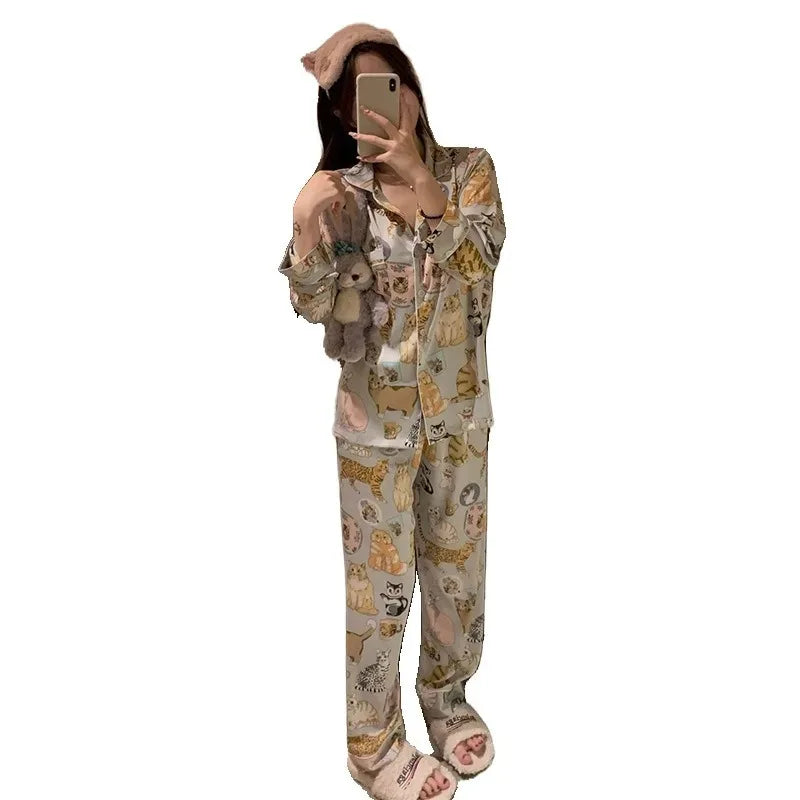 Large Size cartoon Sleepwear Loungewear Women Autumn and Winter Pajamas ladies Long Sleeve Long Trousers nightwear HomeWear 2pcs