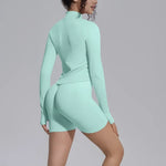 Women's Seamless Yoga Sets Sports Fitness Gym Zipper Long-Sleeve Jacket Hip Lift High-Waist Shorts Suits Workout Training Sets