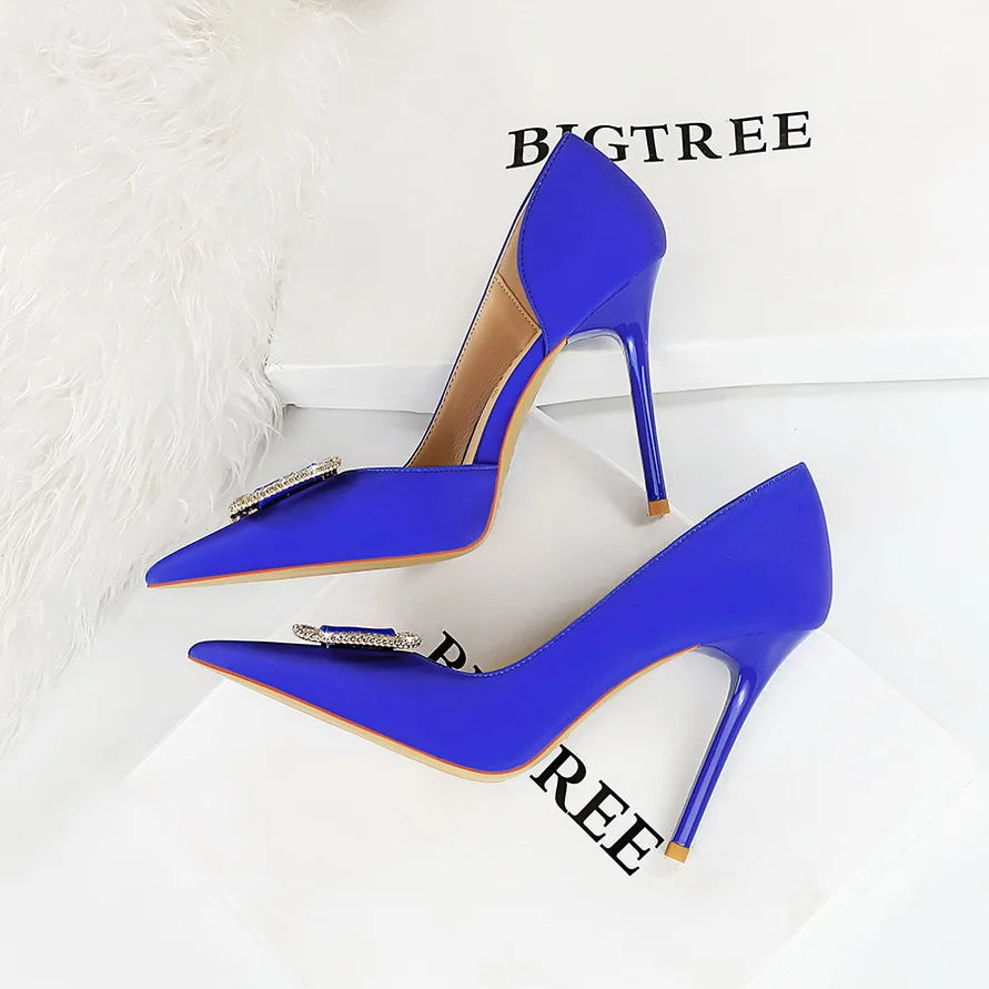 BIGTREE Pumps Elegant Pointed Crystal Buckle Slim High Heel Single Shoes Women Silk Spring/Summer High Heel Pumps Wedding Dress