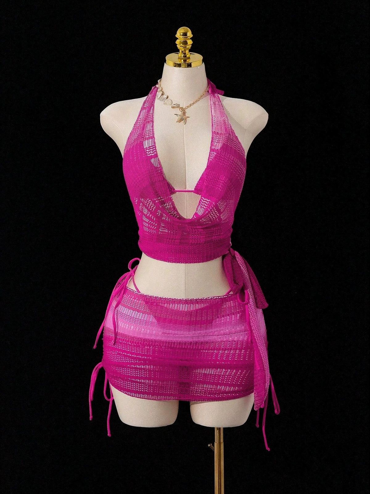 DEKA Sexy Neck Bikini Set Mesh Cover UpsWomen Pink Swimsuit Female Swimwear Shirt Dress Bathing Suit Beachwear Summer