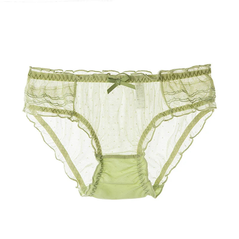 Cute Bowknot Girl's Knickers Transparent Mesh Yarn Ladies Panties Elastic Ruffled Edge Seamless Cotton Crotch Women's Brieifs