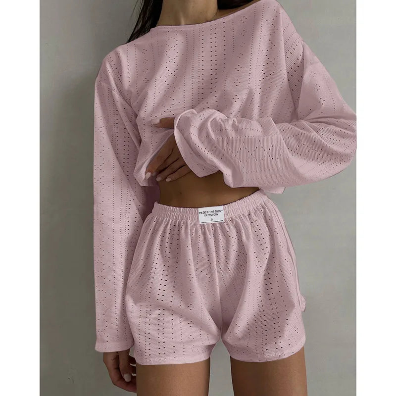 Womens Pointelle Knit Loungewear Set Casual Hollow Out Long Sleeve Crop Top and Shorts Two Piece Outfits Y2K Summer Homewear New
