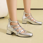 Metallic Silver Gold Women Mary Jane Pumps Square Toe Block Heel Crisscross Ankle Strap Back Zipper Elegant Party Dress Heels