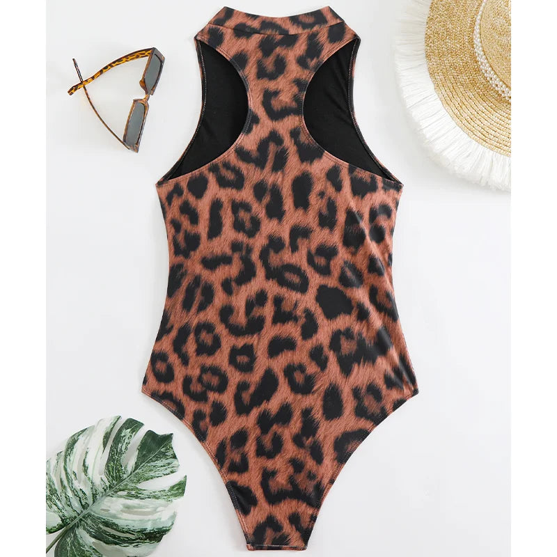 Zebra Print One Piece Swimsuit Woman High Neck Bodysuit Zipper Swimwear Beach Wear Leopard 2024 Bathing Suits Holiday Summer