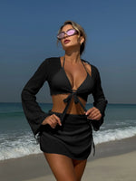 Summer 4 Piece Bikini Set 2025 Women Sexy Black Long Sleeve Cover Up and Skirt Swimsuit Beach Bathing Suit Holiday Swimwear
