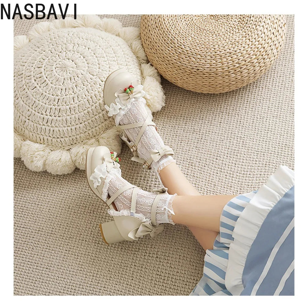 Women Lace Single Leather Lolita Shoes 2026 Cute Japanese Sweet Bow Thick Square Heel Shoes Girls' Party Dress Sandals Shoes 43