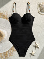Shell Underwired Wrinkled Beads One Piece Swimsuit Women Swimwear Female High Leg Cut Monokini Bather Bathing Suit Swim Bodysuit