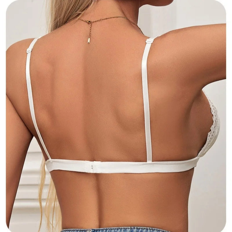 V-Neck Double Strap Floral Lace Bralette Women Scallop Edge Wireless Bra Sexy Lingerie Back Hook Closure Daily Intimates S-L