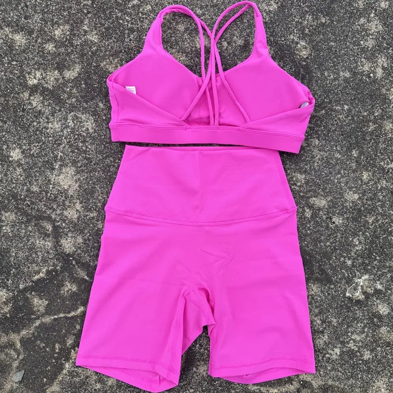 Solid Color Soft Women Gym Yoga Short Cycling Set Cross Back GymBra+High Waist Short Leggings High impact shockproof Sportwear