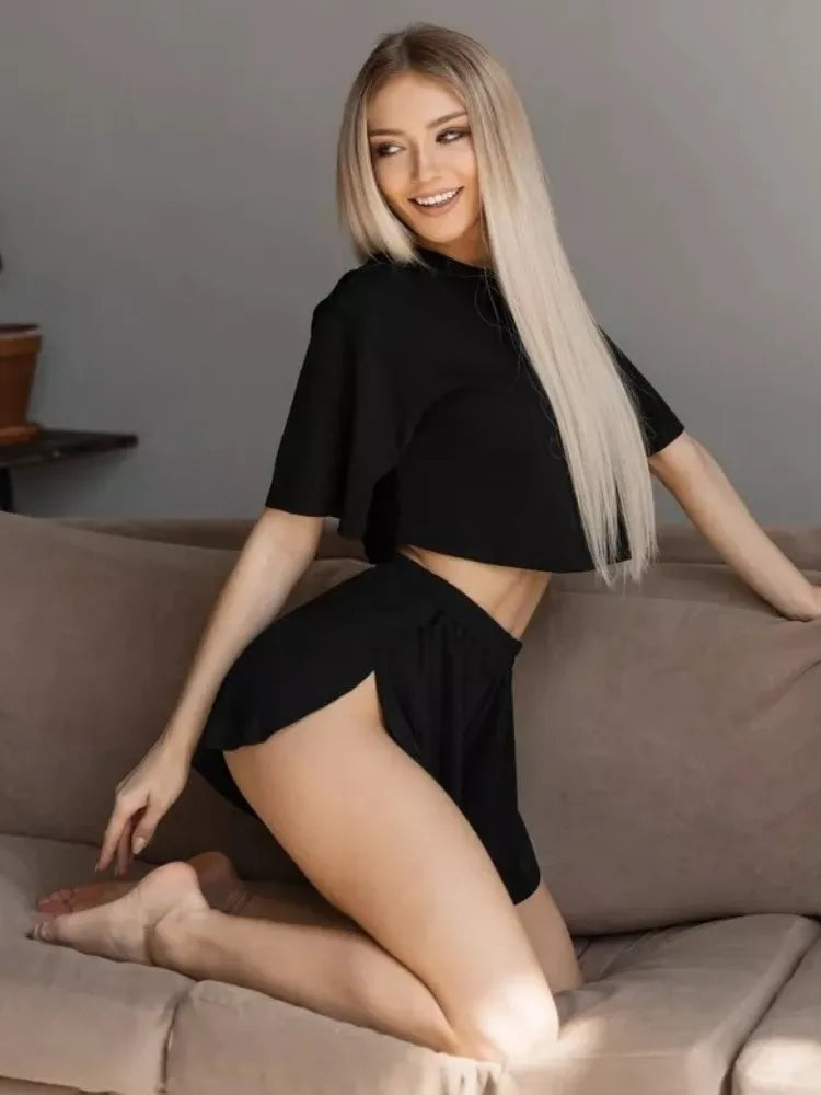 Summer Sexy 2 Pieces Pajama Sets for Women Sleepwear Black Crop Tops with Shorts Sets Underwear Loungewear