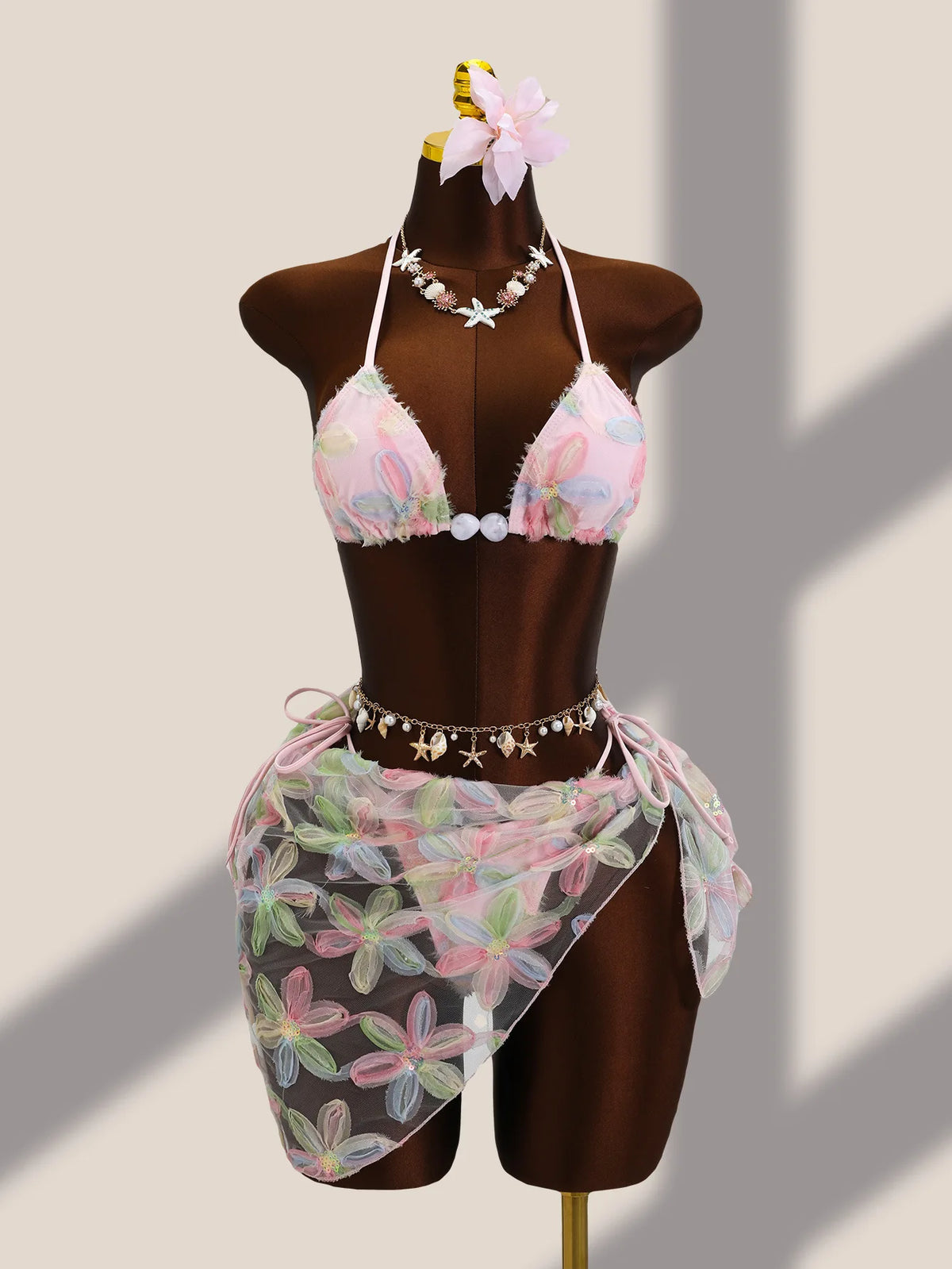 Sexy Pink Floral Embroidery Bikini Set 2026 Women Push Up Bra Triangle Swimsuit Holiday Bathing Suit Cover Up 3 Piece Swimwear