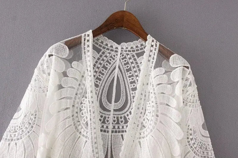 DEKA New Beach Cover-up Swimsuit Lace Hollow Crochet Beach Bikini Cover Up 3/4 Sleeve Women Top Swimwear Beach Dress Tunic Shirt