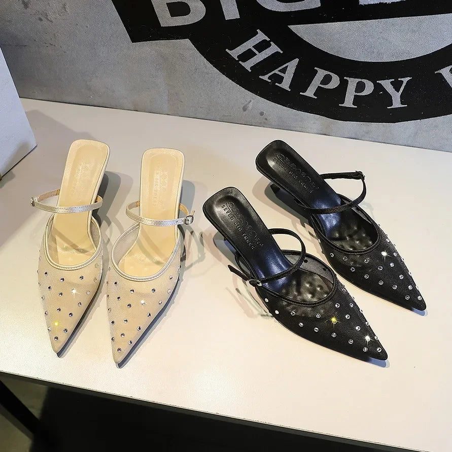 BIGTREE Crystal Mesh Fabric Pointed Toe Slippers Women Sexy Elegant Buckle Strap Party Prom Thin Low Heels Mule Shoes