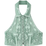 Women's Fashionable Lapel Embroidered Backless Shorts Set J25E