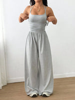 Women's Casual Solid Color Pleating Loose Straight Jumpsuit A-line Backless Halter Neck Slim Cami Jumpsuit Streetwear 2025