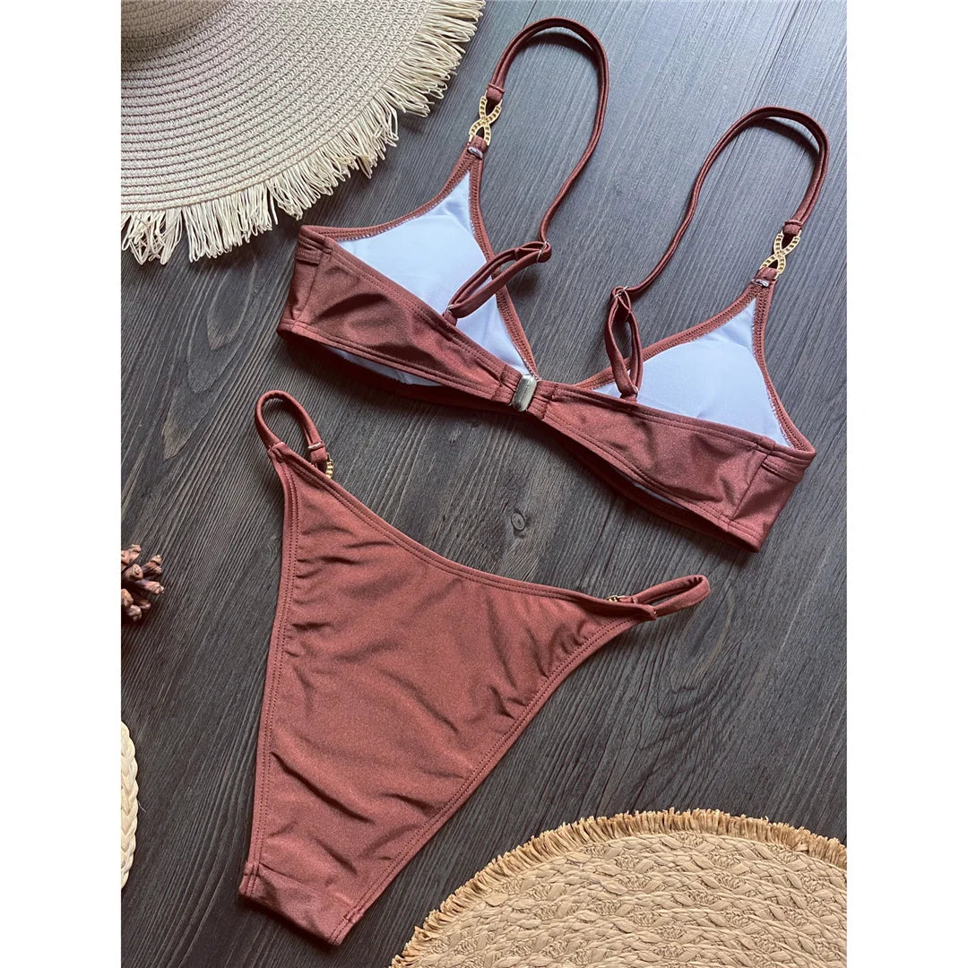 10 Colors V Neck Rhinestones Bikini Female Swimsuit Women Swimwear Padded Bather Bathing Suit Swim Two-pieces Bikini set K8138