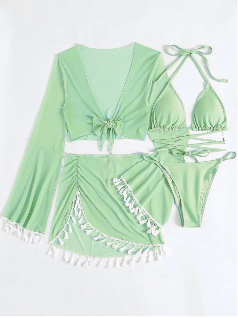 Sexy 4pcs Boho Tassels Trim Bikinis Sets Ladies Padded Bikini Set +cover Up Tops Skirts Beachwear Bathing Suit Biquini Monokini