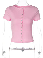 FDYOUI Pink T-shirts 2026 Summer Woman Clothes O-neck Single Breasted Cardigan Tops Female Short Sleeve Slim T Shirt Streetwear