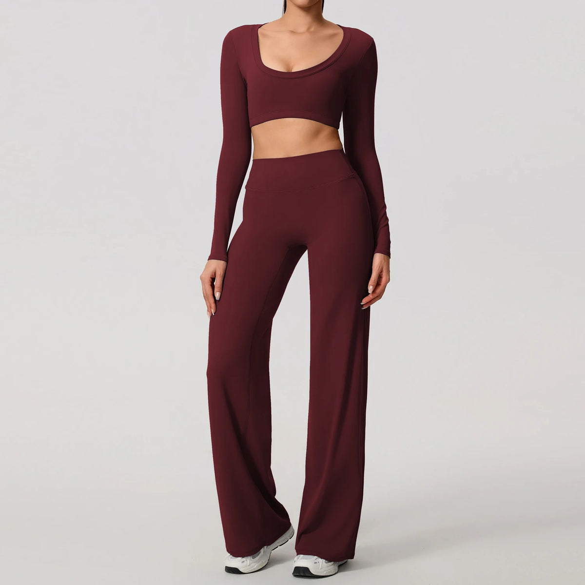 Hearuisavy Sports Set 2Pcs Women'sLong Sleeve Backless Fitted Fitness Top Push Up Pilates Yoga Top Wide Leg Straight Leg Pants
