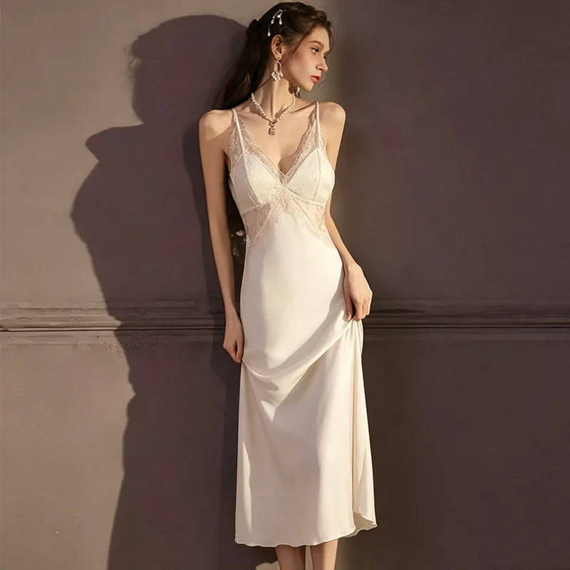 Sexy Lace Long Nighty&robe Set Spring Summer New Sleepwear Female Suspender Nightgown Silk Satin Bathrobe Kimono Gown Home Dress