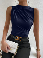 Women's Casual Mock Neck Ruched Tank Top Summer 2024 Solid Color Slim Fit Pleated Sleeveless T Shirt Tee Tshirt Streetwear