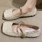 Elegant Solid Color Bling Mary Janes Shoes Women Spring Autumn Buckle Strap Party Flats Woman Shallow Square Top Shoes Lady