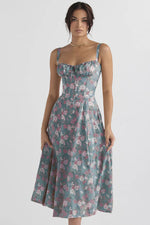 Sexy Low Cut Spaghetti Strap Maxi Dresses For Women Color Flower Printed Chest Wrap Bowknot Leace-up Long Dress Elegant Vestidos