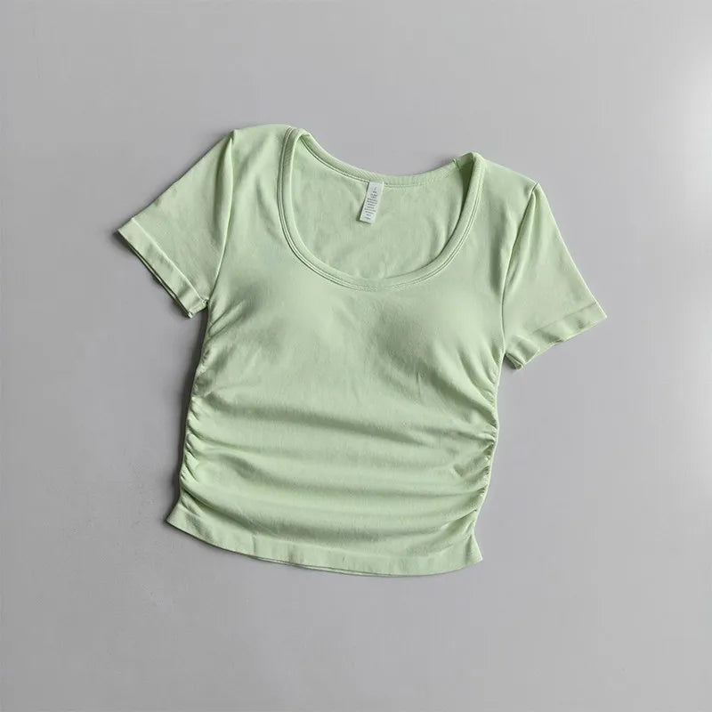 Big round Neck Yoga T-Shirt Short-Sleeved Slimming Sports Top with Fixed Chest Cushion for Running Pilates Summer Stretch