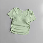 Big round Neck Yoga T-Shirt Short-Sleeved Slimming Sports Top with Fixed Chest Cushion for Running Pilates Summer Stretch
