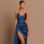 Elegant Strapless Solid Evening Gown Chic Satin Corset Dress for Women V-neck Split Blue Long Dress Lady Summer Party Dress up