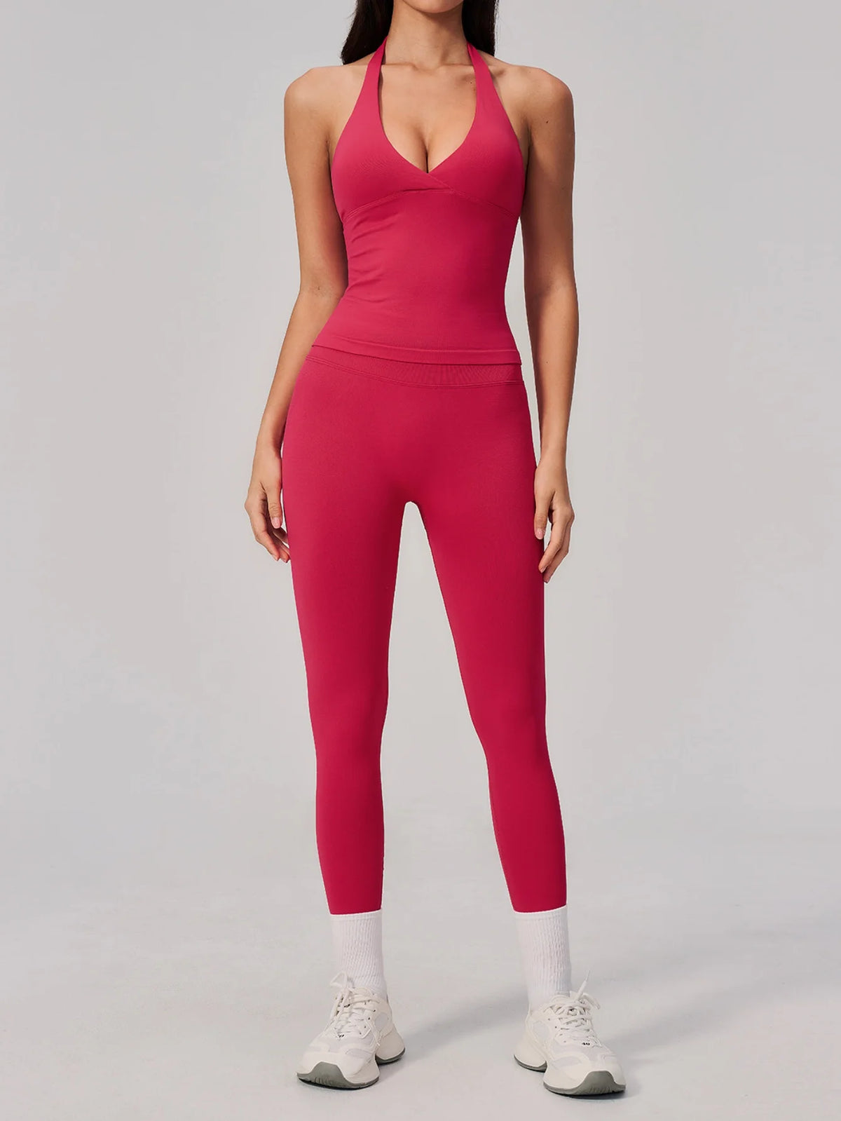 Summer Seamless Yoga Sets Women V Neck Slim Sports Tank Top Fitness Suit Peach Hip High Elasticity Leggings Running Tracksuit