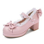 2025 Plus Size 30-48 Women's Candy Colors Mary Janes Pumps Bow Tie Ruffles Black Pink Platform Sweet Block Heels Lolita Shoes