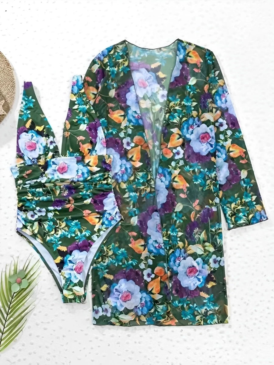 2026 Printed Swimsuit Women One Piece With Cover Up Floral Swimwear Female Beach Wear Push Up Bathing Swimming Swim Suit Summer