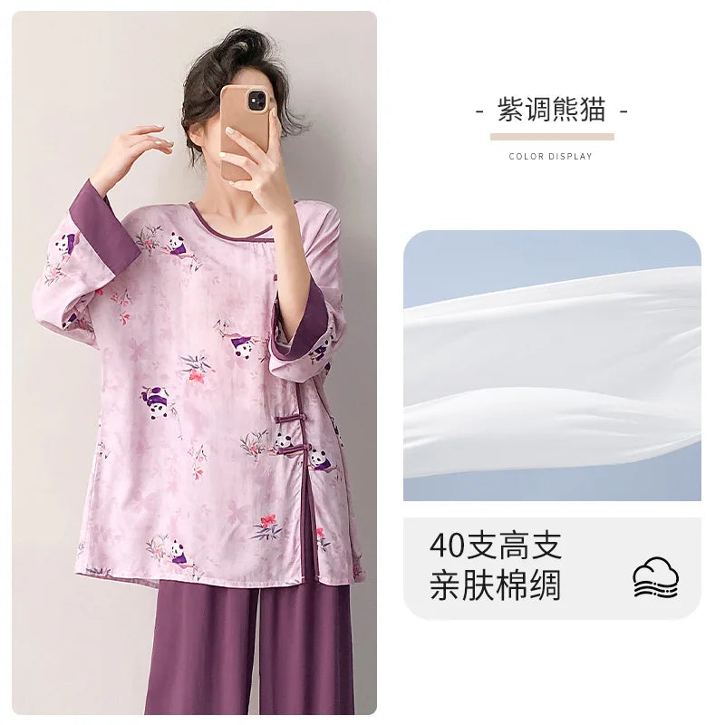Plus size mother's cotton silk pajamas spring and summer new Chinese style can be worn outside home clothes Mother's Day gift