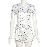 New Print Pajama Two-Piece Set Women's Round Neck T-Shirt Shorts Ruffles Slimming High Elasticity Casual Home Wear Hot Selling