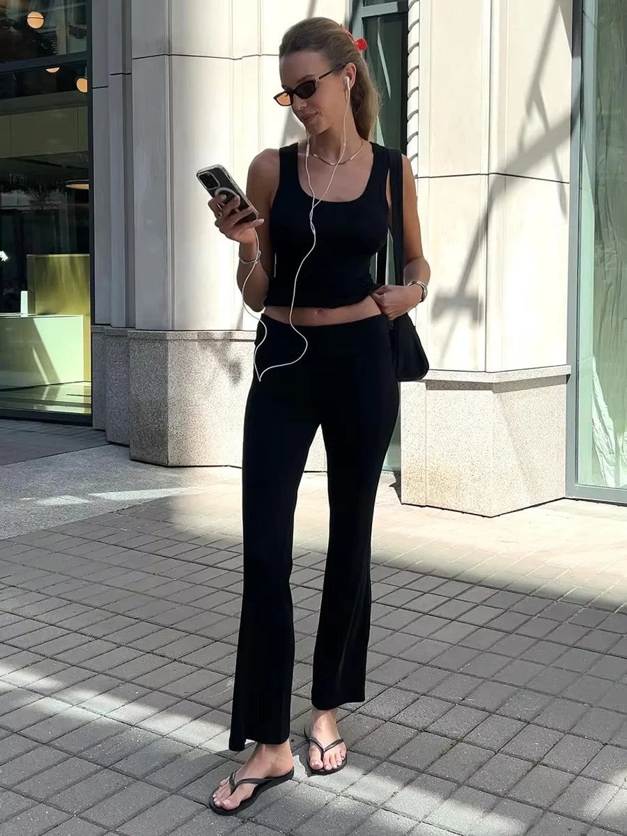 Solid Color Slim-fit Stretch Tank Top & Pants Set Sleeveless Casual Vest Outfit for Women