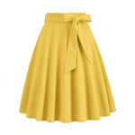 Women Skirt A-line Big Swing Belted Tight Waist Bow Decor Solid Color High Waist Soft Ruffle Summer Dating Party Midi Skirt