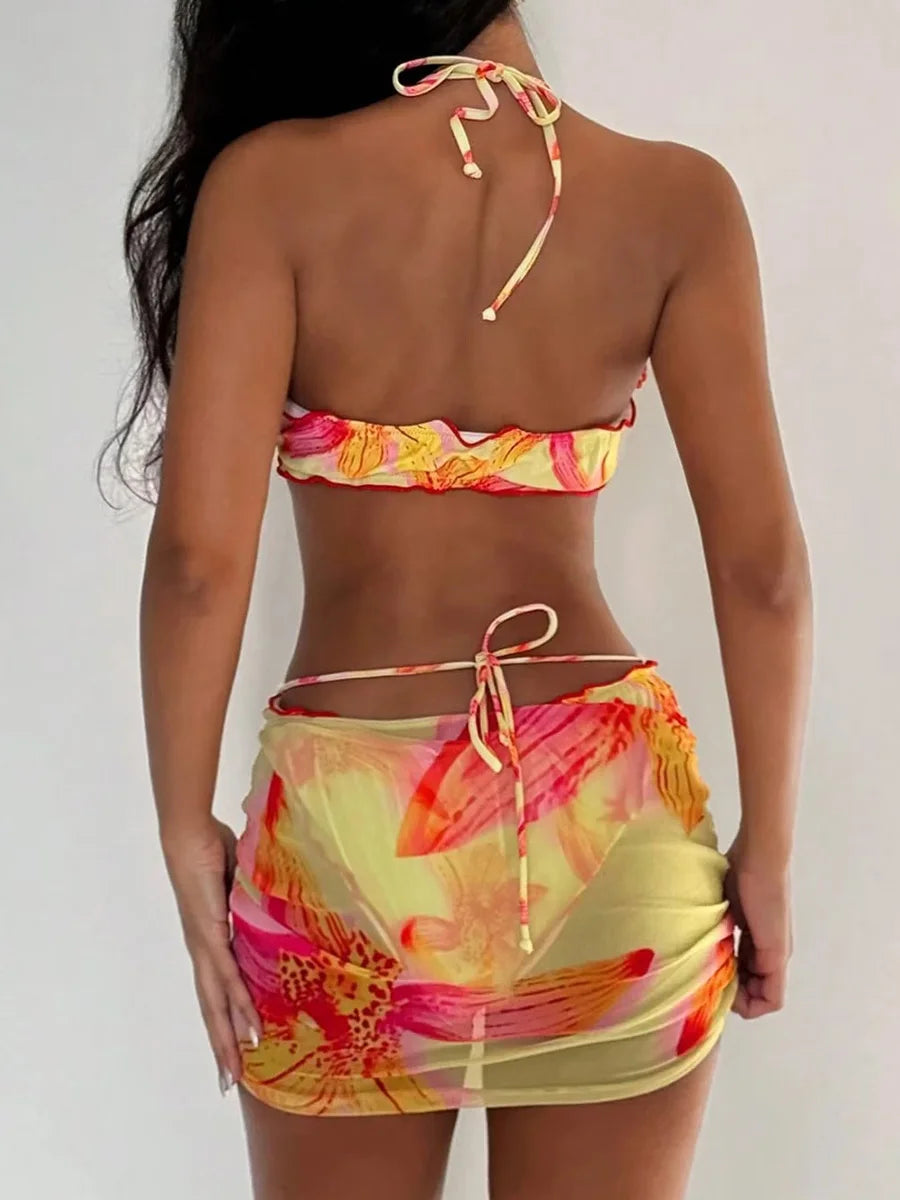 with Mesh Skirt 3D Flowers Halter Bandeau Bikini Female Swimsuit Women Swimwear Three-pieces Bikini Set Bathing Suit Beachwear