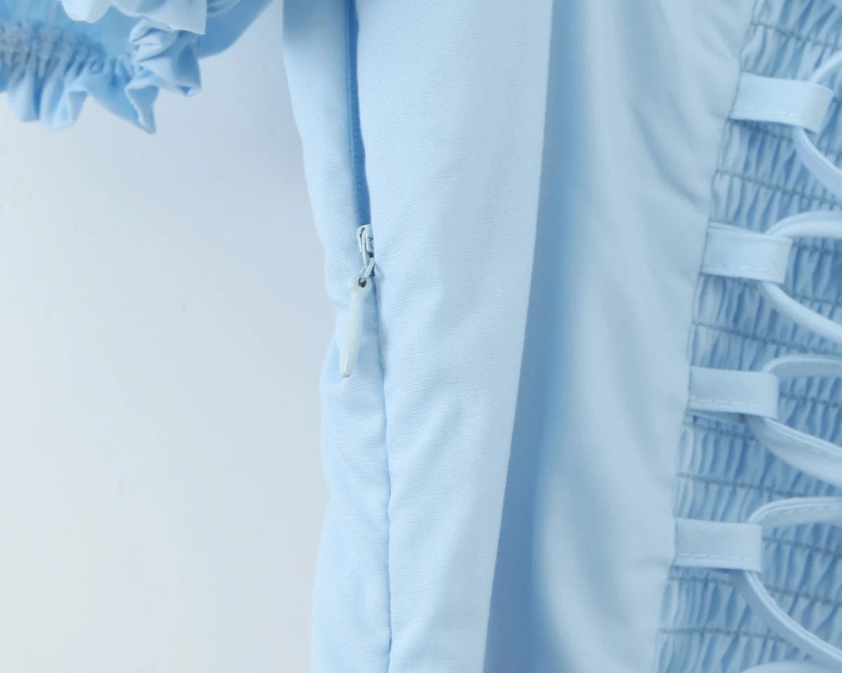 Bowknot Ruffles Light Blue Midi Dress Women's Summer Off Shoulder Short Sleeve Beach Dress Drawstring White A-line Vestidos 2025