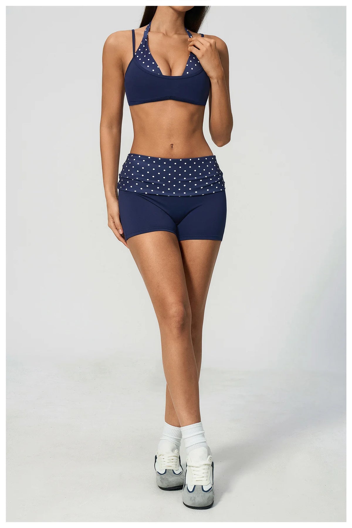 Breathable Striped Patchwork Yoga Clothing Women Fake Two-piece Sports Bra Folding High Waist Shorts Gym Running Fitness Suit