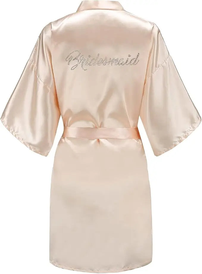 Women's Satin Kimono Robes with Rhinestones Bride Bridesmaid Short Getting Ready Wedding Dressing Gown