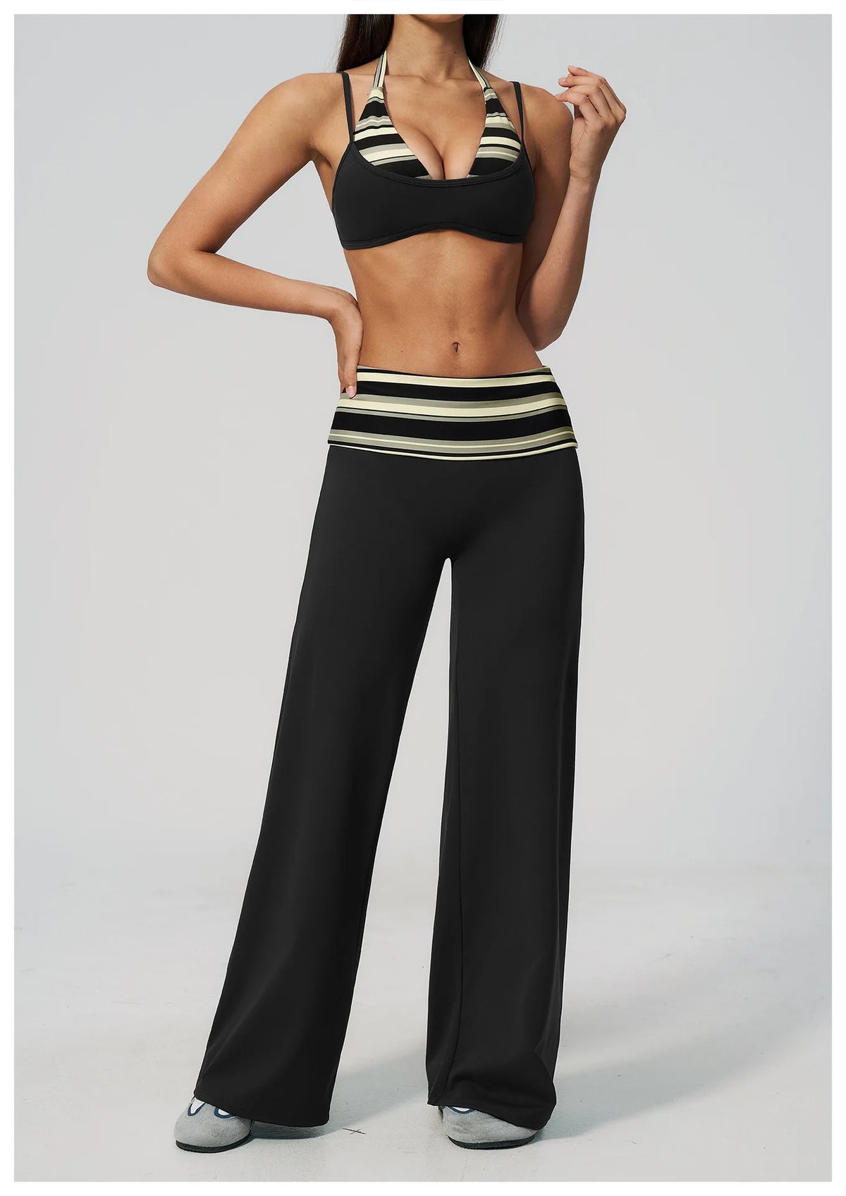 Fake Two-piece Sports Bra Yoga Sets Women Coffee Striped Patchwork Folding High Waist Wide Leg Pants Gym Running Fitness Suits