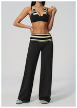 Fake Two-piece Sports Bra Yoga Sets Women Coffee Striped Patchwork Folding High Waist Wide Leg Pants Gym Running Fitness Suits
