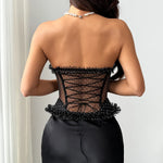 Women Corset Vest Sexy See Through Dot Print Lace Trim Club Wear Fishbone Tank Top Strapless Buckle Tie Rope Perspective Tops