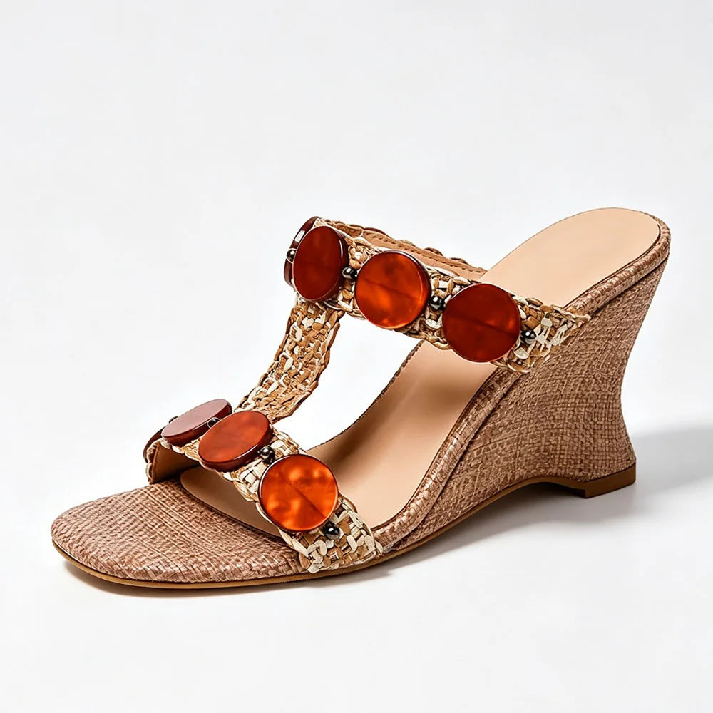 Boho Raffia Comfortable 8cm High Heels Wedge Slide Mules T-Strap Vacation Beach Straw Heels Espadrille Wedge Sandals Women Shoes