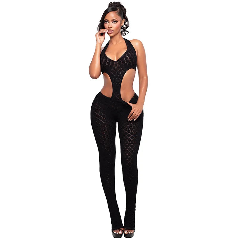 Sexy hot girl solid color see-through slim fit knitted deep V jumpsuit