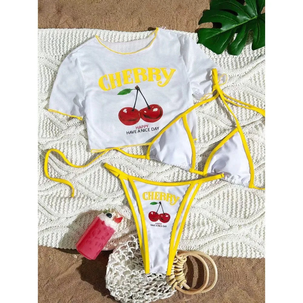 2026 Sexy 3 Piece Women Swimsuit Short-sleeve Cover-up Swimwear Summer Print Bikini Set Brazilian Beachwear Party Bathing Suit