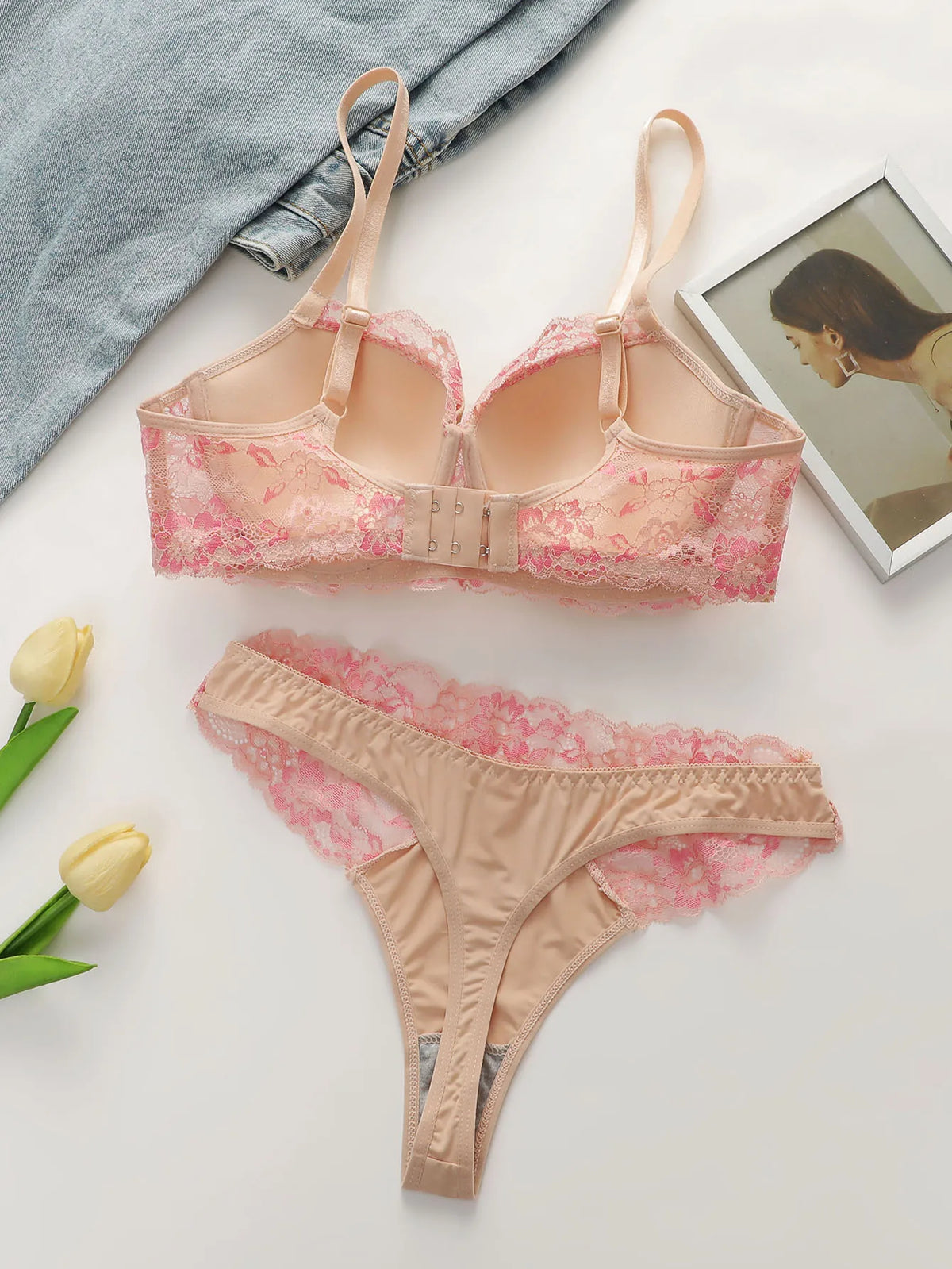 Women's Pink Lace Bra and Panty SetSoft Floral Lace Everyday Comfort Perfect for Casual Wear sexy Lingerie set B2631
